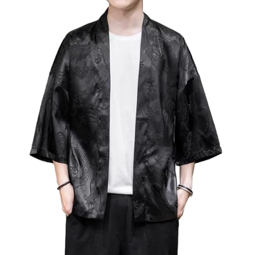 HZCX FASHION Mens Silk Satin Robe Summer Lightweight Dragon Kimono Shirt Cardigan Open Front 3/4 Sleeve Hanfu Chinese Jacket