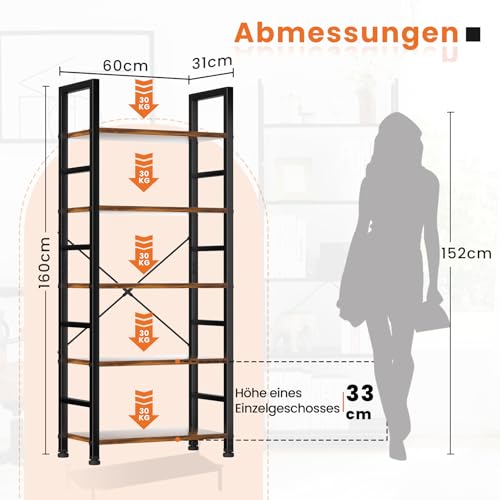 Sweetcrispy Book Shelf, 5 Tier Bookcase, Modern Tall Bookshelf for Books, Garage Kit, CDs, Movies, Industrial Corner Storage Organizer for Bedroom Home Office Kitchen Living Room - Image 3