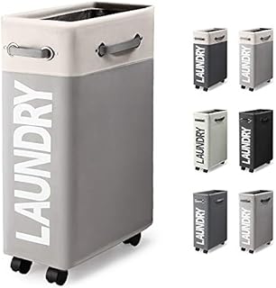 Rieeyrslza Slim Rolling Laundry Hamper Wheels 46L Rectangle Thin Laundry Basket with Handle Collapsible Waterproof Laundry Sorter Corner Storage Bins Basket (White + Light Gray)