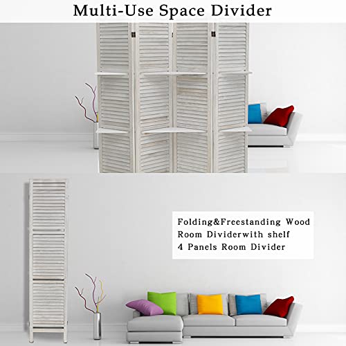 ECOMEX Room Divider 4 Panel, White with Shelves, Wall Dividers and Folding Privacy Screens, Portable Room partitions for Bedroom, Home Office, Studio (White)