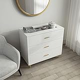 Homsee Modern Dresser Storage Chest with 3 Drawers, Glass Top & Jewelry Organizer, Wood Dresser Chest with Metal Legs for Bedroom, Living Room & Hallway, White (31.5”L x 15.7”W x 28.7”H)