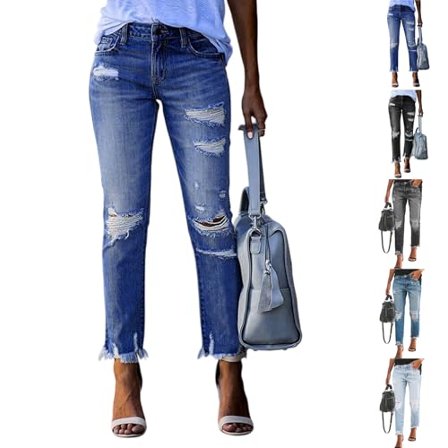 Straight Leg Cropped Jeans for Women Blue Distressed Capri Jeans for Women Stretch High Waisted Jean Capris Boyfriend Crop Ripped Jean Slim Fit Raw Hem Ankle Denim Pants Denim Capri Pants with Pockets
