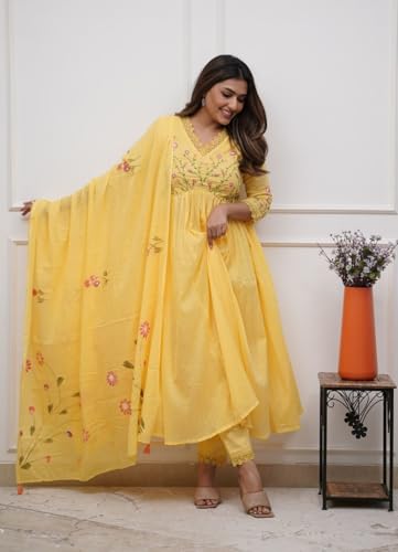 Image of Premium Cotton Embroidered Anarkali Suit Set for Women with Dupatta, Floral Embroidery, 3 Piece Set, Soft and Comfortable