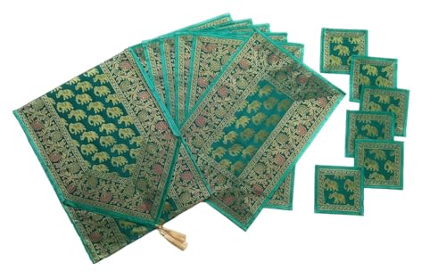 Image of Diwali Room Decor Silk Table Runner Placemats Tea Coaster Set for Living Room 4 to 6 Seater Dinning Table Table Mat Set Centre Table Top Decor Pack of 13 Pcs (Green)