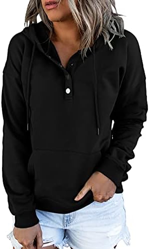 Dokotoo Womens Sweatshirts and Hoodies Front Button Collar Comfy Simple Plain Long Sleeve Drawstring Hoodies for Women with Pockets Hooded Pullover Casual Fashion Winter Autumn Shirt Tops Large Black