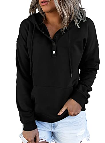 Dokotoo Womens Sweatshirts and Hoodies Front Button Collar Comfy Simple Plain Long Sleeve Drawstring Hoodies for Women with Pockets Hooded Pullover Casual Fashion Winter Autumn Shirt Tops Large Black