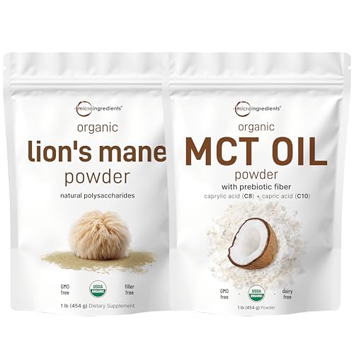 Micro Ingredients MCT Oil Powder with Prebiotic Fiber & Lions Mane Mushroom Supplement Powder Bundle 2 Pack | C8 MCT Oil for Coffee Creamer | Natural Superfood for Brain, Energy, & Immune He