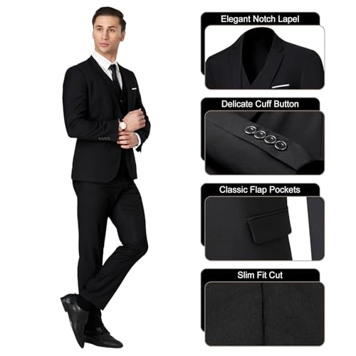 Men's Suit Slim Fit 3 Pieces Suit Set, Business Casual Suits for Men Two Button Soild Jacket Vest Pants Set with Tie3