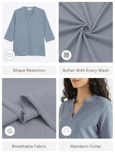 Image of SAADAA Women Short Kurti Airy Linen Regular Fit Kurta with 3 /4th Sleeves, Mandarin Collar, Side Slit Perfect for Casual, Formal, and Ethnic Wear
