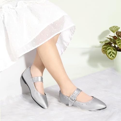 PANDANINJIA Girls Dress Shoes Studded Mary Jane Ballet Flats for Girl Pointed Toe Little Big Kid Flower Girl Party Formal Wedding Shoes2