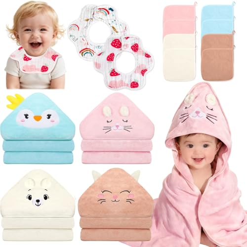 Image of Sublaga 14 Pcs Baby Towels, Soft Baby Towel and Washcloths Set, 4 Pcs 32x32 in Hooded Bath Towel, 8 Pcs Baby Washcloths and 2 Pcs Cotton Baby Bibs for Newborns, Toddlers, and Kids for Boys and Girls