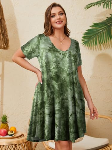 Image of ZENNILO Women's Plus Size Swing Dress with Pockets Casual Summer Dresses V Neck Short Sleeve T Shirt Dress for Women