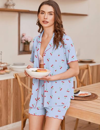 Image of Ekouaer Button Up Pajamas for Women Set Ribbed Knit Pjs 2 Piece Lounge Set