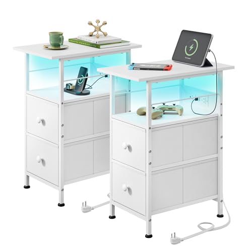 WLIVE Nightstand Set of 2 with Charging Station, End Table Sets with LED Lights, 2 Fabric Drawers and Open Shelf, Bed Side Tables Living Room, Small Space, Night Stand for Bedroom, White