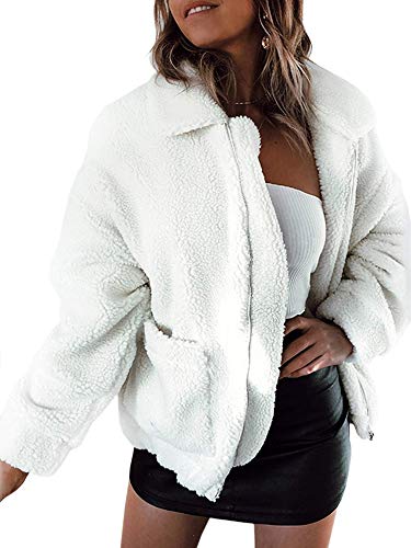 ECOWISH Women Jacket Winter Coat - 2023 Fur Fleece Long Sleeve Sherpa Faux Fuzzy Fall Teddy Fluffy Zip Lapel Outfits White_1 Medium