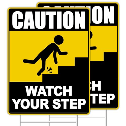 GXGGUS Watch Your Step Sign, Watch Your Step Caution Sign 2-Pack 12"x9" Corrugated Plastic Double-Sided H-Metal Stakes and 8 pcs Double Sided Tape