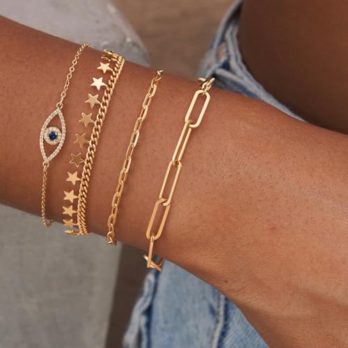 Dremmy Studios Gold Bracelet for Women 18K Gold Plated Dainty Paperclip Cubic Zirconia Disc Coin Star Cable Satellite Bead Pearl Simple Boho Minimalist Stacking Layered Link Jewelry Gift3