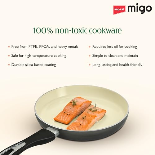 Image of Impex Ceramic Cookware Set | 6 Pc Induction Base Non Stick | Kadai Pan With Lid, Fry Pan, Tawa Pan and 2 Spatulas | Free From PTFE, PFOA and Heavy Metals| 100% Non Toxic | 2 Year Warranty, Grey