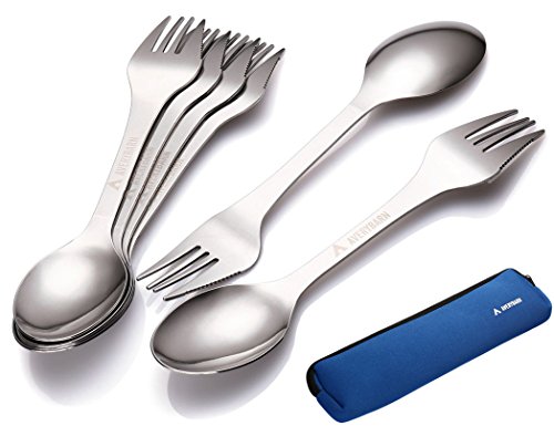 Avery Barn 6pc All-In-One Camping Utensils Cutlery Set - Spork Stainless Steel - Survival Gear Supplies for Backpacking Hiking Compact Mess Kit - 3-in-1 Fork Knife Spoon with Travel Case