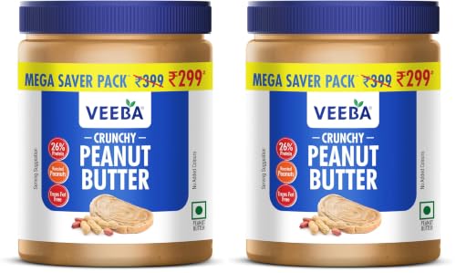 Image of VEEBA Crunchy Peanut Butter| High Protein|Naturally Gluten Free|Vegan|Trans Fat Free|No Added Preservatives|No Added Colour&Flavour|Non Gmo|900G (Pack of 2)
