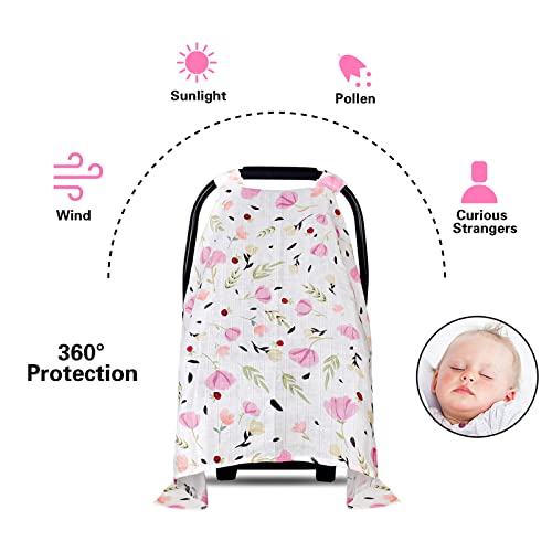 Image of Muslin Baby Car Seat Canopy, Metplus Infant Carseat Cover - Extra Wide Universal Fit, Lightweight Breathable Soft for Babies Girls Shower Gift (Purple Flower)