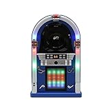 PPG Retro Desktop Jukebox with Modern Bluetooth, Front-Loading CD Player, FM Radio, 3.5mm Aux-in Jack and Color Shifting LED Lights, Medium 16.5 Inch Tall (Blue)