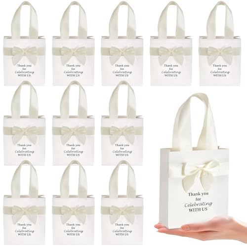 50 Pcs Wedding Gift Bags for Guests Bulk with Bow Ribbon Handles 6.2x7.2x2.5 Inch Wedding Favor Bag Thank You Gift Bags for Party Favor Bridesmaid Bags Bridal Shower Valentine Birthday Supplies(Beige)
