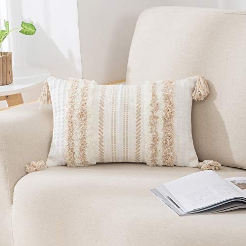 decorUhome Boho Beige Cushion Covers 45x45cm Set of 2, Decorative Tufted Tassel Woven Cushion Cover for Sofa Couch 18X18 Inch