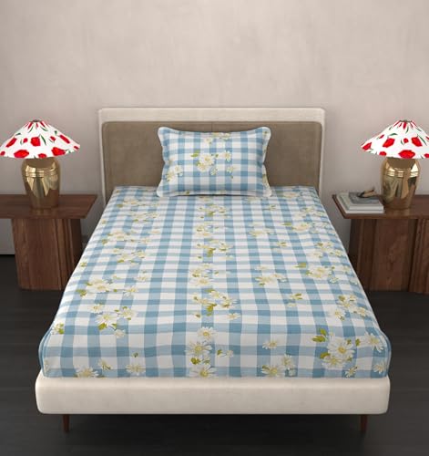 Image of VOMZER Single Size (60x90) 300 TC Soft Cotton Feel Microfiber Flat Single Bedsheet with 1 Pillow Cover | Blue Check