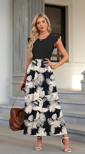 AUSELILY Damen Sommer Rundhalsausschnitt Maxi Kleid mit Taschen Kurzarm und Rüschen Lässiges Hohe Taille Langes Lockeres Bodenlanger Rock Tropische Regenwaldblätter XL 3