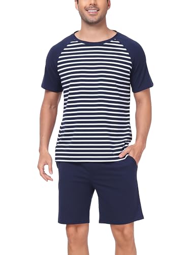 Vlazom Men's Pyjama Sets Cotton Soft Pj Short Sets Stripes Top and Shorts for Sleepwear Loungewear with Pockets Navy Blue,M