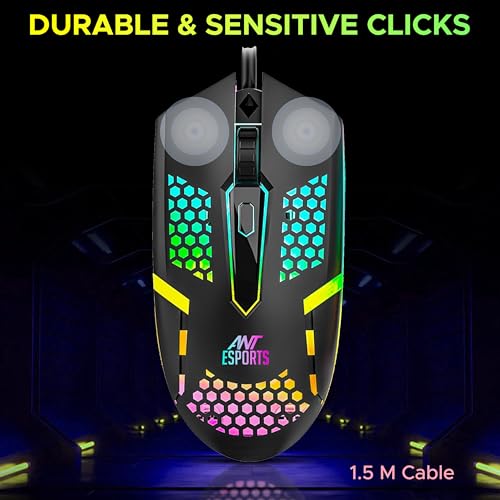 Image of Ant Esports GM1103 Wired Gaming Mouse, 800-3600 DPI Adjustable Optical Sensor, RGB Multicolor Backlight, 4 Buttons, Ergonomic,1.5m Cable, 3300 FPS, Lightweight USB Mouse for PC, Laptop, Mac & Windows