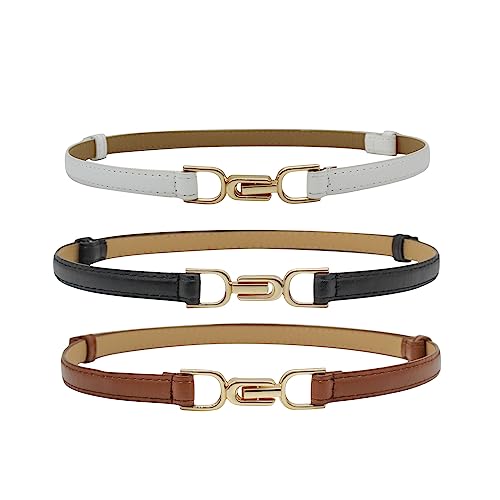 3 PCS Women Skinny Leather Belt, Adjustable Thin Waist Belts Fashion Ladies Belt PU Leather Belt with Metal Buckle