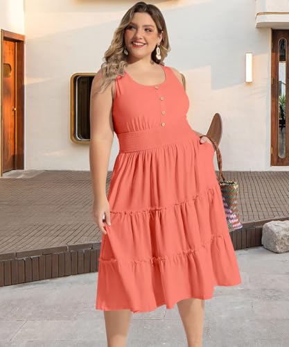 Image of RITERA Plus Size Summer Casual Dresses for Women Sleeveless Button Down Empire Waist Ruffle Tiered Swing Midi Dress XL-5XL