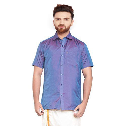 Image of SJS-Men's Half Sleeve Solid Art Silk Shirt