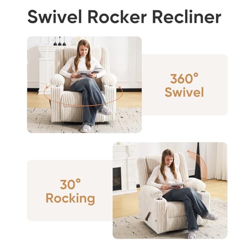 Image of Oversized Manual Recliner Chair with Arm Storage,Swivel Rocker Recliner Chair for Adults with Adjustable Headrest,Nursery Glider Recliner with Phone Stand and Side Pockets for Living Room,Beige