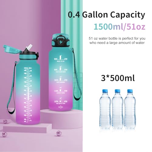 Grsta Borraccia 1,5 Litri, Borraccia Palestra Senza Bpa, Borraccia Sportiva Con Cannuccia & Indicatore Del Tempo Motivazionale, Per Studio Fitness, Scuola, Ufficio - Polvere Verde - 6