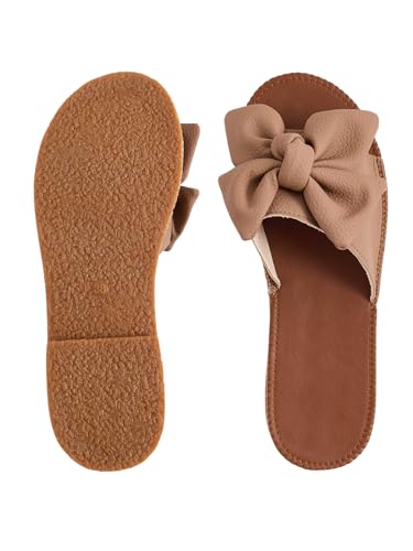 Verdusa Women'S Open Toe Flat Sandals Bow Knot Slides Leather Summer Slippers Brown Cn39 thumb #2