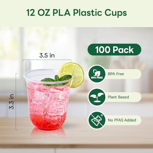 Vplus 12 oz Compostable Clear Plastic Cold Cups, 100 Pack Biodegradable Disposable Cups, BPA & PFAS Free, Plant-Based Plastic Cups for Juice, Wine, Parties, Weddings, and Everyday Use 3
