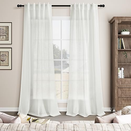 Image of Off White Linen Curtains 84 inches Long for Bedroom Back Tab Light Filtering Privacy Sheer Curtains Modern Farmhouse Coastal Decor White Cotton Textured Gauze Curtain for Living Room 2 Panel Set