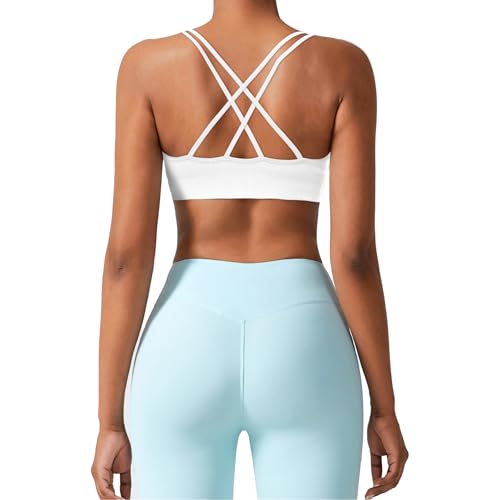 Image of V Neck Sports Bras for Women Cross Back Workout Bra for Small Bust | 3 Pack, Criss Cross, Strappy, Low Support, Removable Pads, Spaghetti Strap, Soft, A-C Cups, for Yoga Gym Athletic Fitness