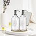 Duvein 2 Pack Clear Glass Soap Dispenser Refillable Bottles with Bamboo Tray for Kitchen Bathroom Soap Hand Soap Lotion Conditioner Body Wash Shampoo Waterproof Labels-Clear Bottles+ Black Pumps