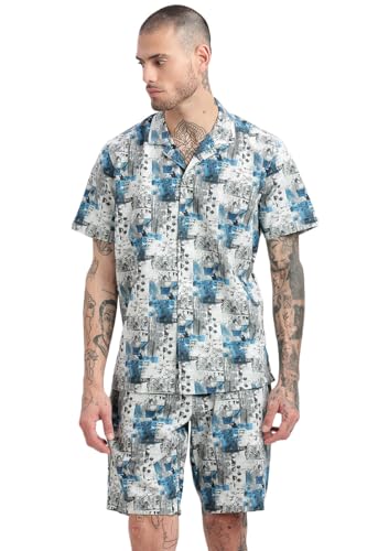 Image of SHOWOFFFF Men Abstract Two-Piece Co Ords | Cuban Collar Half Sleeves Cotton Co Ords for Mens | Mid-Rise Relaxed Fit Knee Length Co Ords for Men's