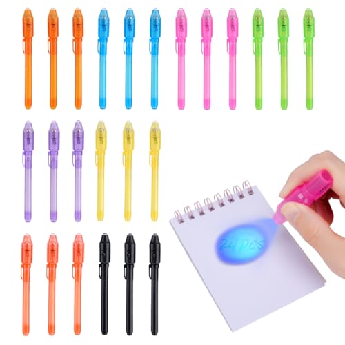 QANIY 24PCS Invisible Ink Pen with UV Black Light Party Favor for Kids, Magic Marker for Secret Messages, Writing Information for Birthdays, Easter, for Students