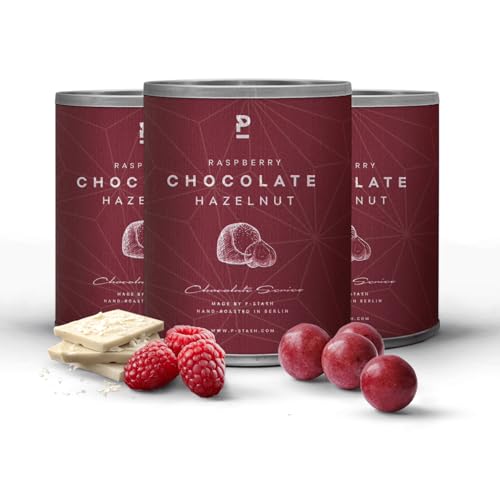 P-STASH Haselnuss weiße Schokolade mit Himbeere, Edle Haselnüsse 3x60g, fettfreie Trommelröstung, Nussmischung mit einzigartigen Gewürzkombinationen, Premium Nuts made in Berlin
