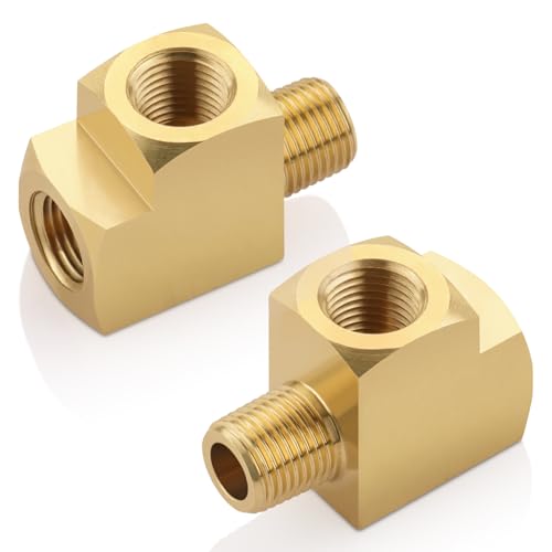 Boeray 2pcs 1/8' Brass Tee Fittings 1/8' NPT Female Pipe to 1/8' NPT Male to 1/8' NPT Female Brass Barstock Street Tee Pipe Fittings 3 Way for Joining Pipe