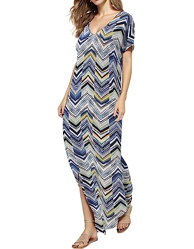 Image of Match Women's V-Neck Casual Loose Short Sleeve Long T-Shirt Dress Split Maxi Dress with Side Pocket