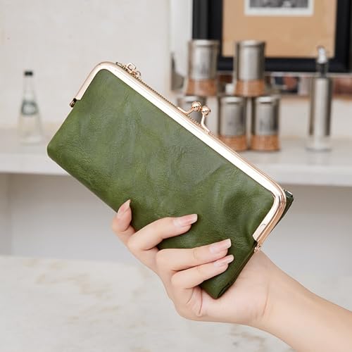 Image of Vintage Wallets for Women Large Bifold Kiss Lock Wallet for Women Leather Zip Clutch Coin Purse