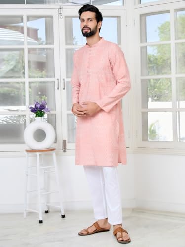 Image of See Designs Men's Full Sleeve Mandarin Collar Floral Embroidered Mandarin Collar Thread Work Straight Long Kurta - Festive Collection