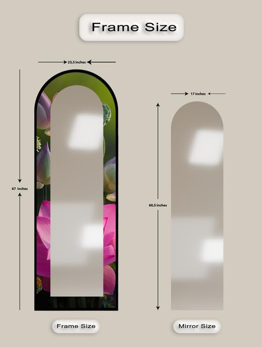 23,5’’W x 67’’H Sacred Bloom – Pink Lotus Botanical Floor Mirror Arched Full Lenght Mirror - Arch Full Body Stained Floor Mirror with Black Frame with Gold Frame